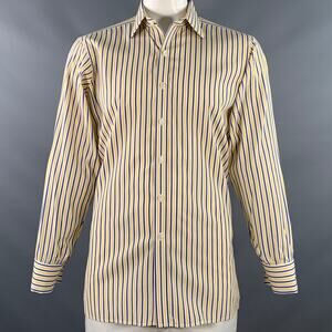 TURNBULL & ASSER L White Navy Yellow Stripe Cotton French Cuff Long Sleeve Shirt